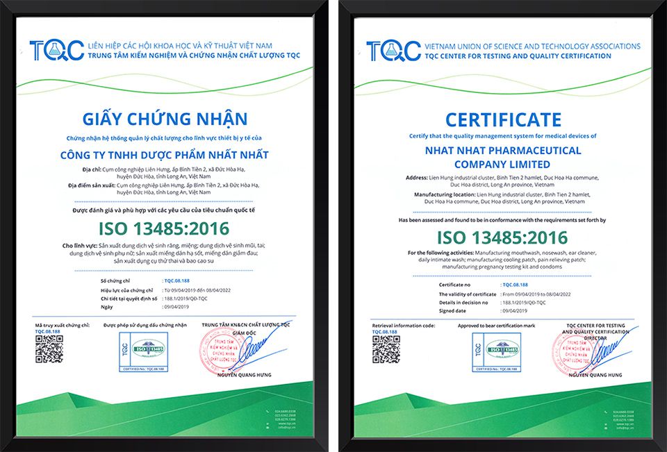 Chứng chỉ ISO 13485:2016 (tiếng Việt và tiếng Anh) của Dược phẩm Nhất Nhất do TQC cấp