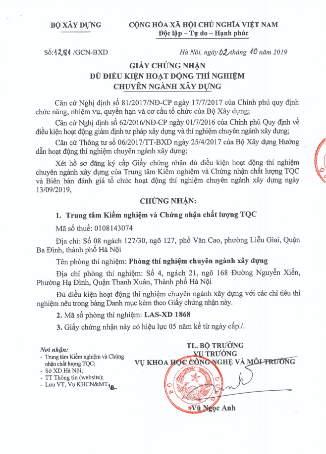chỉ định LAS-XD, LAS-XD 1868, thử nghiệm vlxd