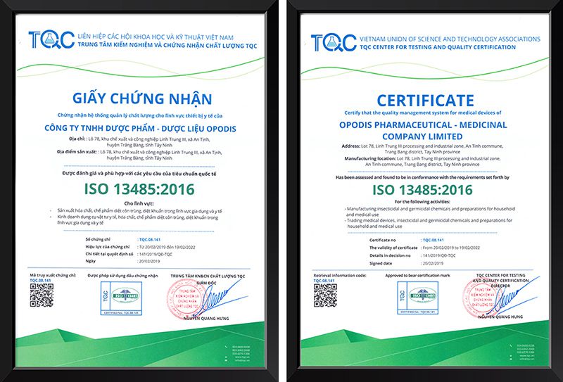 Chứng chỉ chứng nhận đạt tiêu chuẩn ISO 13485:2016 của Công ty OPODIS do TQC cấp