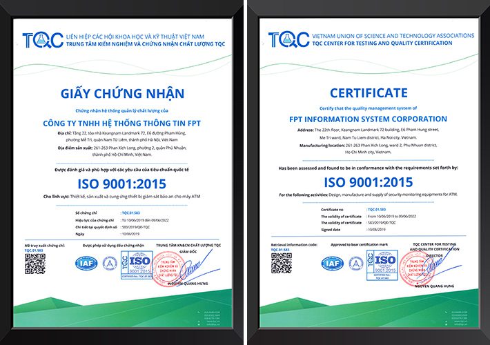 Giấy chứng nhận ISO 9001 Trung tâm TQC cấp cho FPT Information System