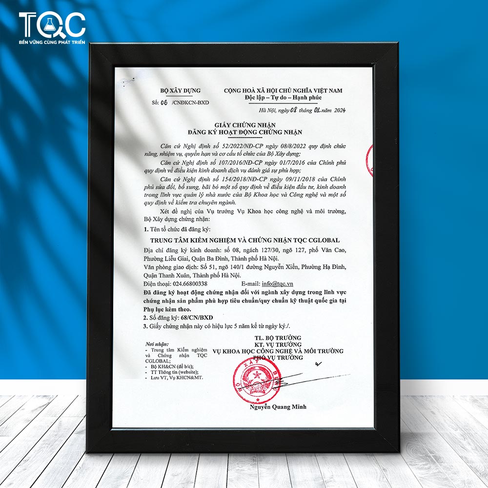 Mẫu giấy chứng nhận hợp quy dệt may TQC CGLOBAL cấp