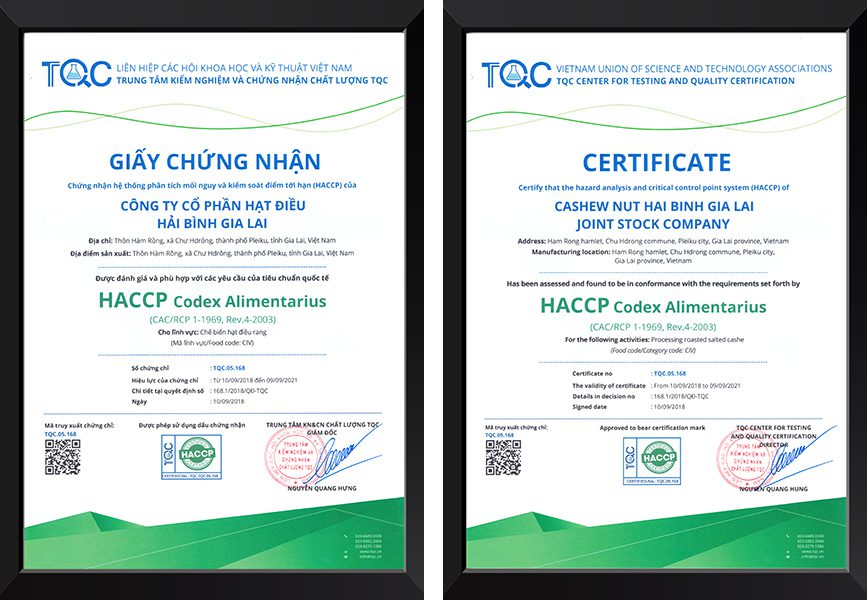 Trung tâm TQC Chứng nhận HACCP cho Công ty CP Hạt điều Hải Bình Gia Lai