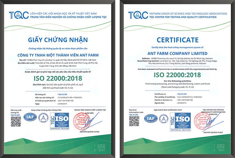 Trung tâm TQC chứng nhận hệ thống quản lý an toàn thực phẩm của Công ty TNHH MTV ANT FARM đạt tiêu chuẩn quốc tế ISO 22000:2018