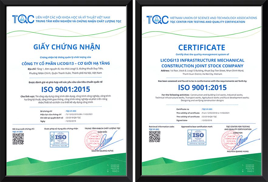 Giấy chứng nhận ISO 9001 Trung tâm TQC cấp cho LICOGI 13