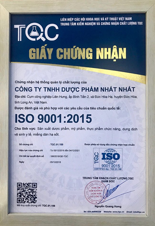 Trung tâm TQC cấp chứng nhận ISO 9001 cho dược phẩm NHẤT NHẤT