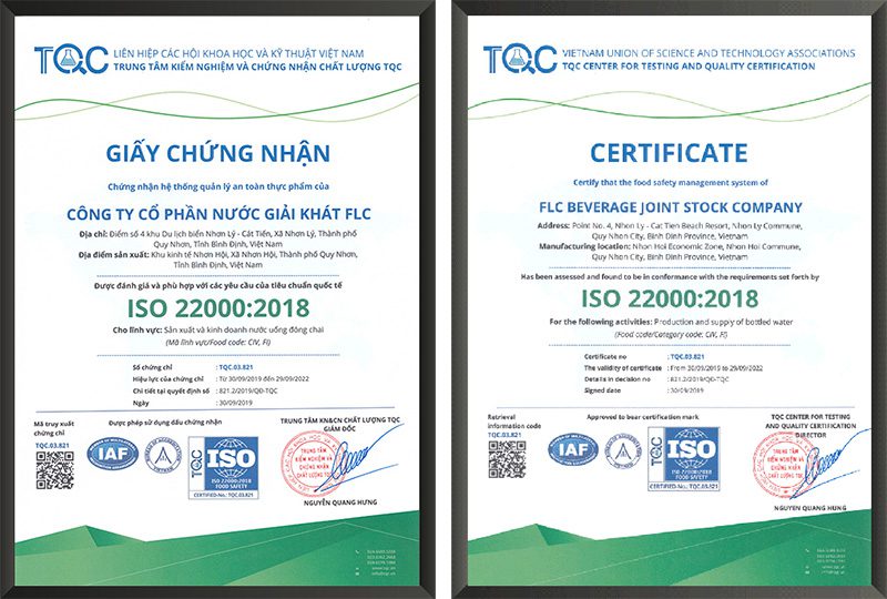 Trung tâm TQC cấp Giấy chứng nhận ISO 22000:2018 cho Công ty cổ phần nước giải khát FLC
