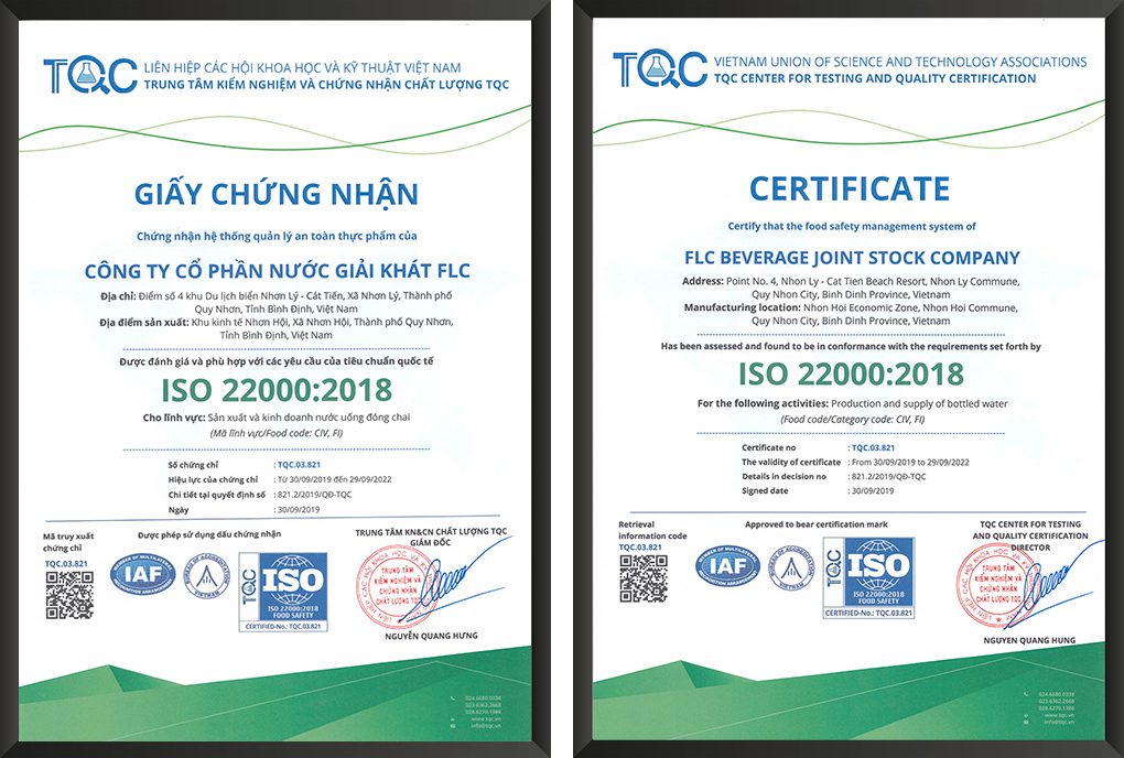 Trung tâm TQC cấp Giấy chứng nhận ISO 22000:2018 cho Công ty cổ phần nước giải khát FLC