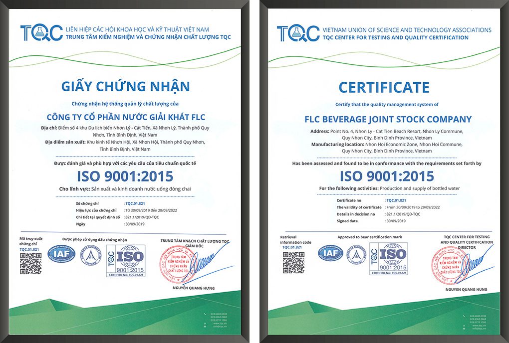 Chứng nhận ISO 9001 của công ty cổ phần nước giải khát FLC do TQC đánh giá, cấp chứng chỉ