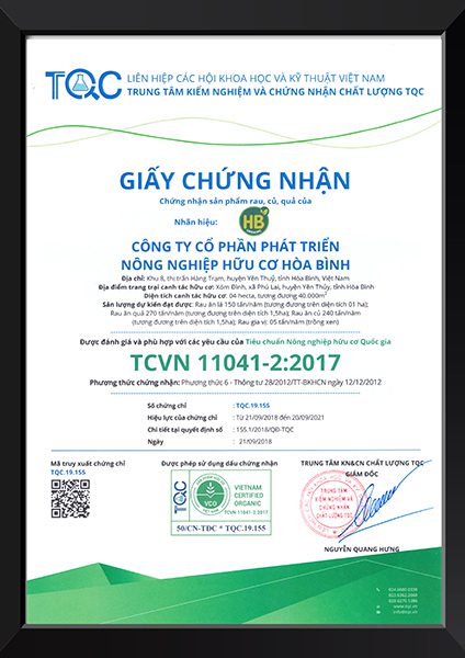 Trung tâm TQC chứng nhận hữu cơ cho Công ty CP phát triển nông nghiệp hữu cơ Hòa Bình