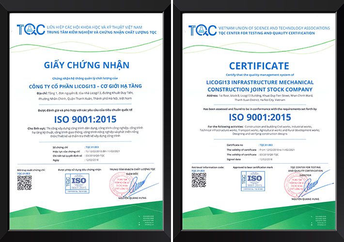 Trung tâm TQC chứng nhận ISO 9001 cho licogi13