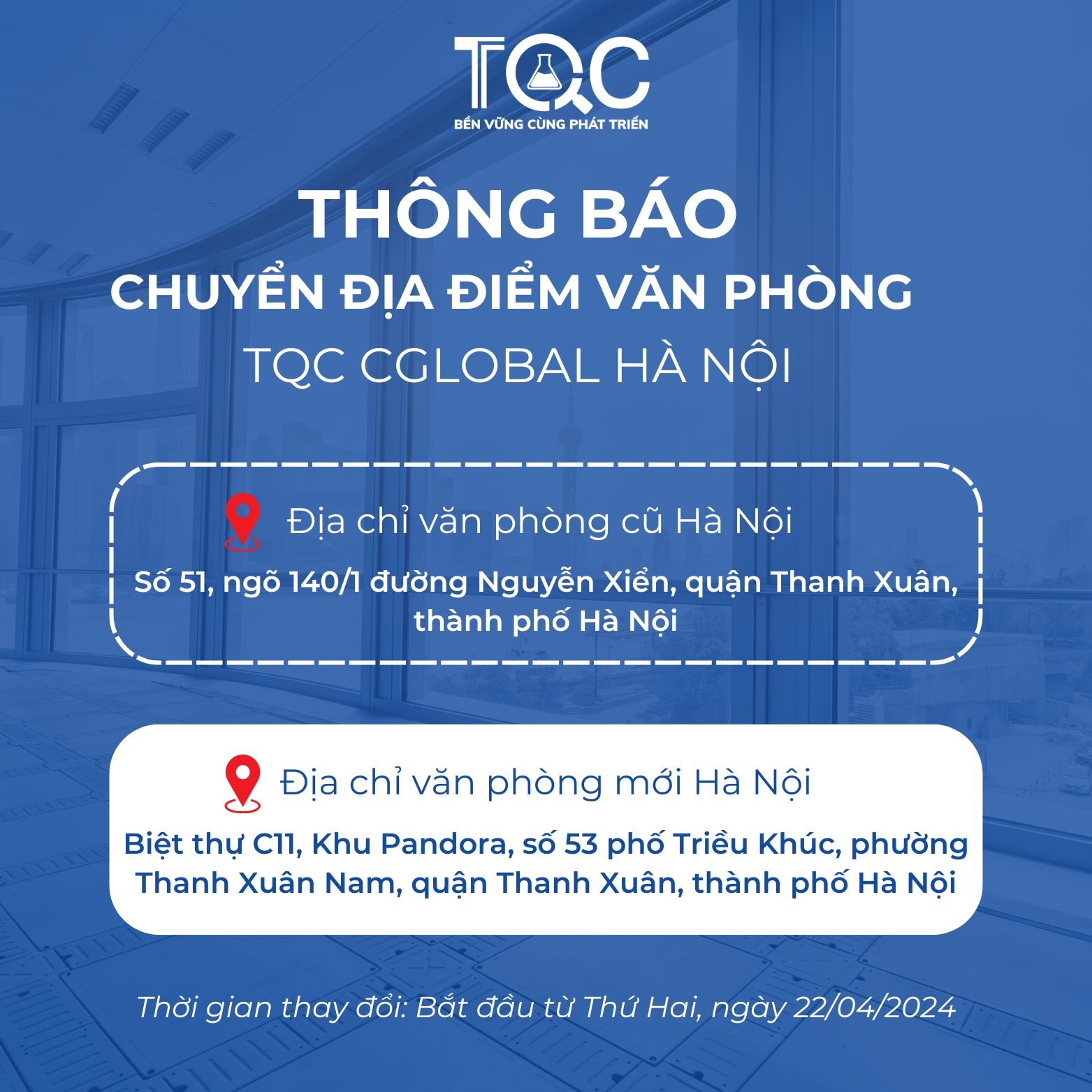 Thông Báo Chuyển Địa Điểm Văn Phòng TQC CGLOBAL Hà Nội