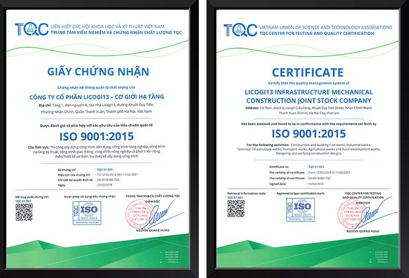 Chứng chỉ ISO 9001:2015 (Tiếng việt và Tiếng anh) của LICOGI 13 do TQC cấp