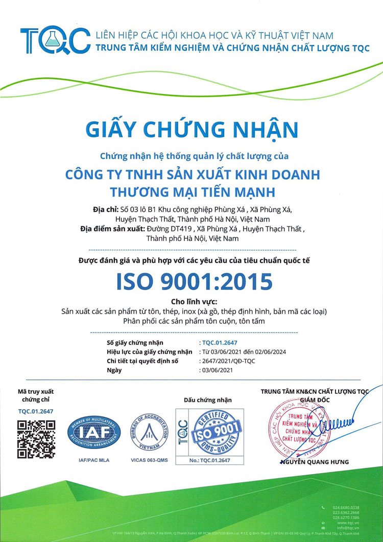 Giấy chứng nhận ISO 9001:2015 Công Ty TNHH Tiến Mạnh 