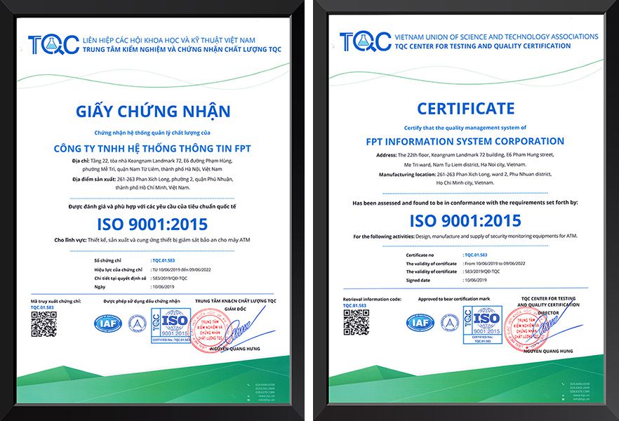 Giấy chứng nhận ISO 9001 Trung tâm TQC cấp cho FPT Information System