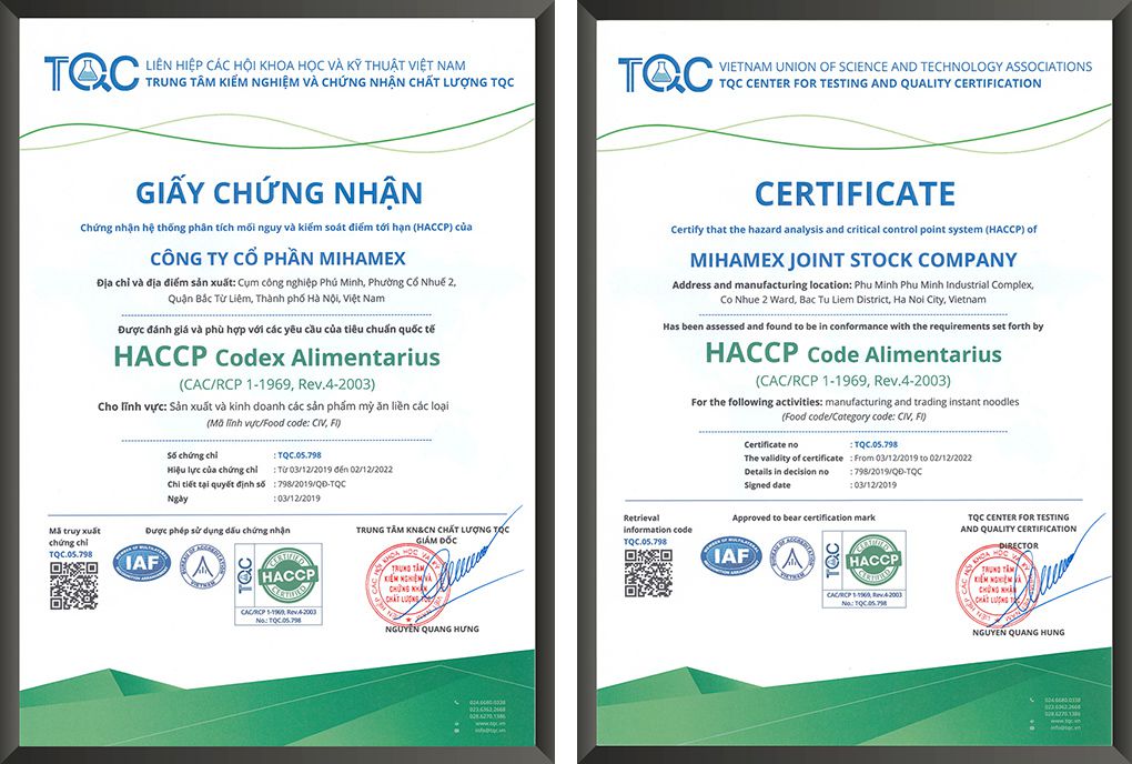 Mihamex đạt chứng chỉ HACCP do TQC đánh giá và chứng nhận