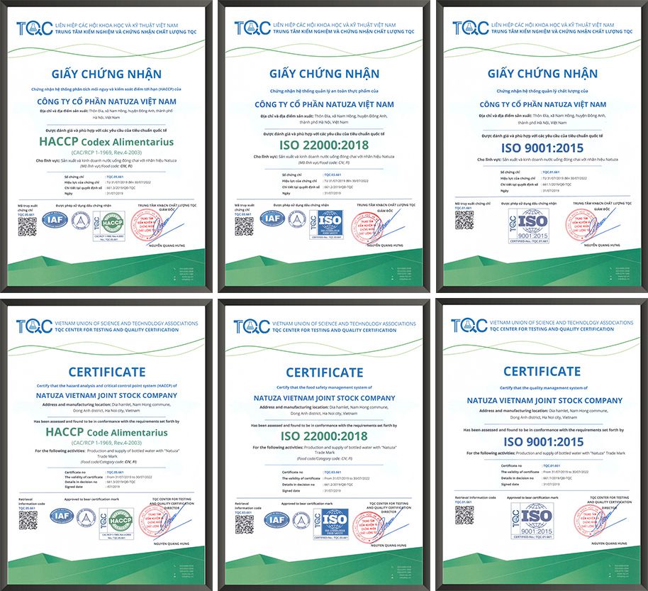 Chứng chỉ HACCP, ISO 22000:2018, ISO 9001:2015 (Tiếng việt và Tiếng anh) của Natuza Việt Nam do TQC cấp