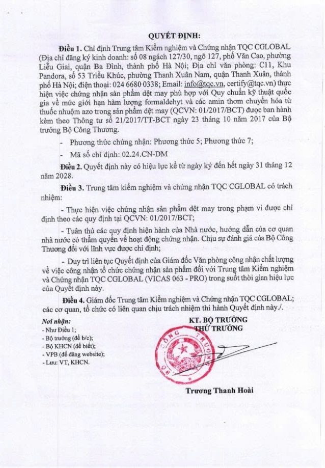 BCT chỉ định TQC CGLOBAL chứng nhận hợp quy dệt may