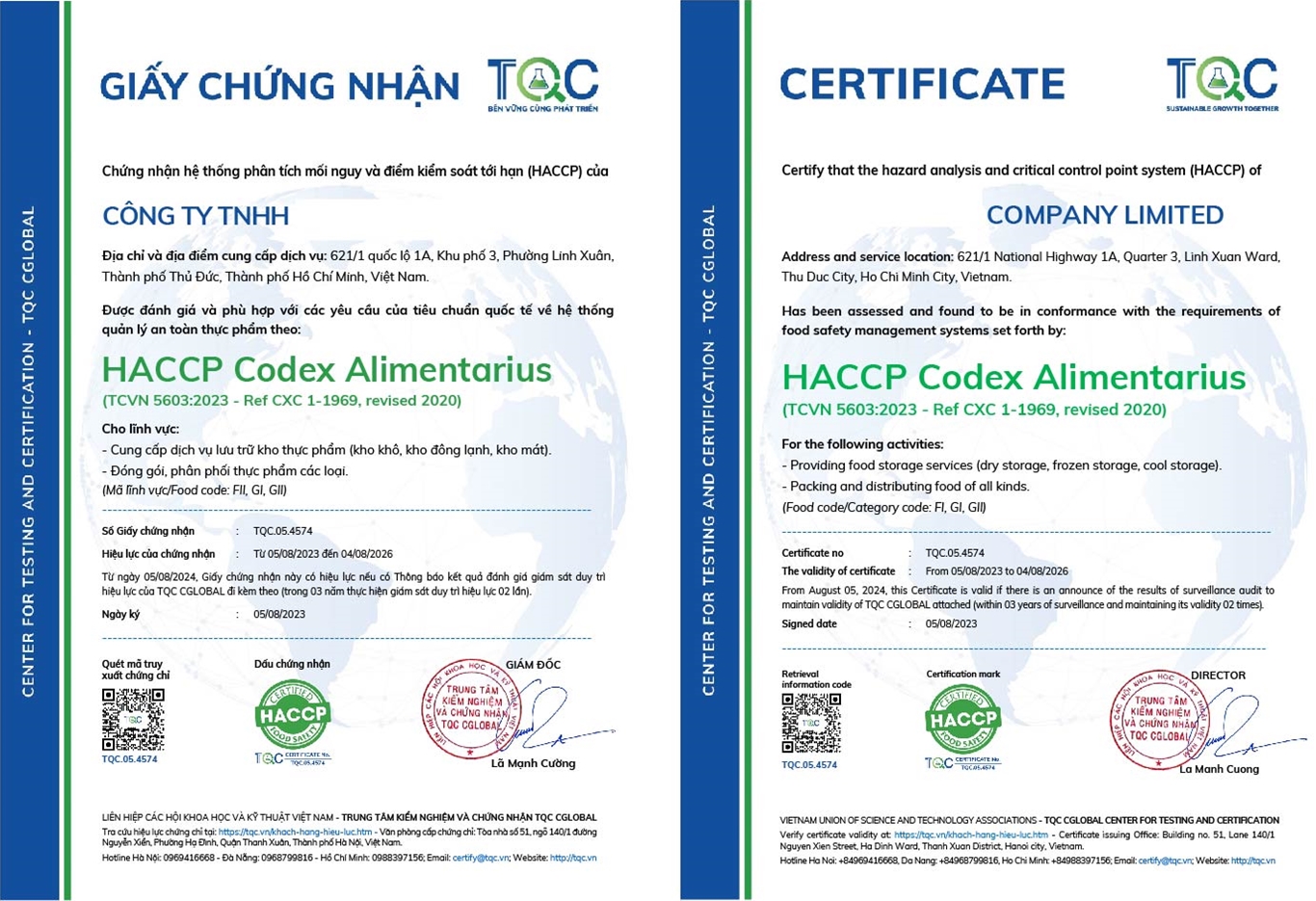 Chứng nhận HACCP Codex 2020 theo TCVN 5603:2023 tại TQC CGLOBAL