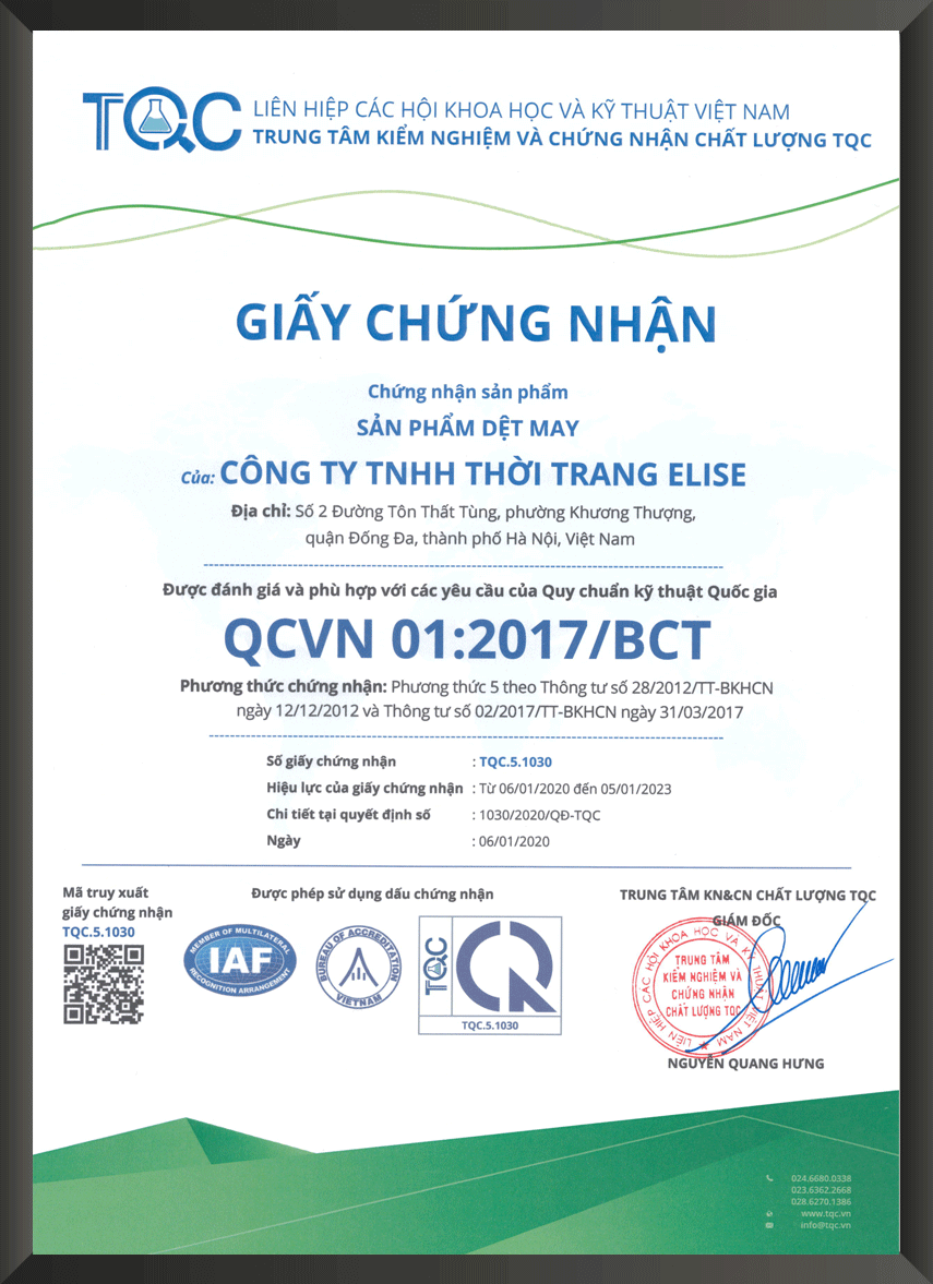 Chứng chỉ chứng nhận sản phẩm dệt may của Elise đạt Quy chuẩn kỹ thuật Quốc gia QCVN 01:2017/BCT