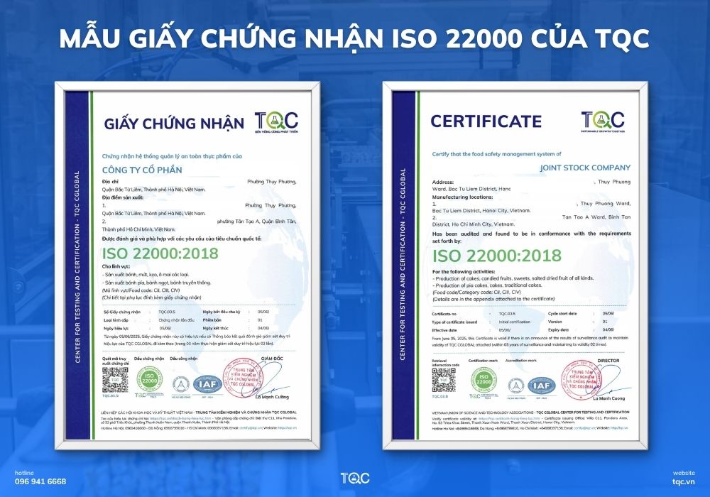 Mẫu chứng chỉ iso 22000 do TQC Cấp