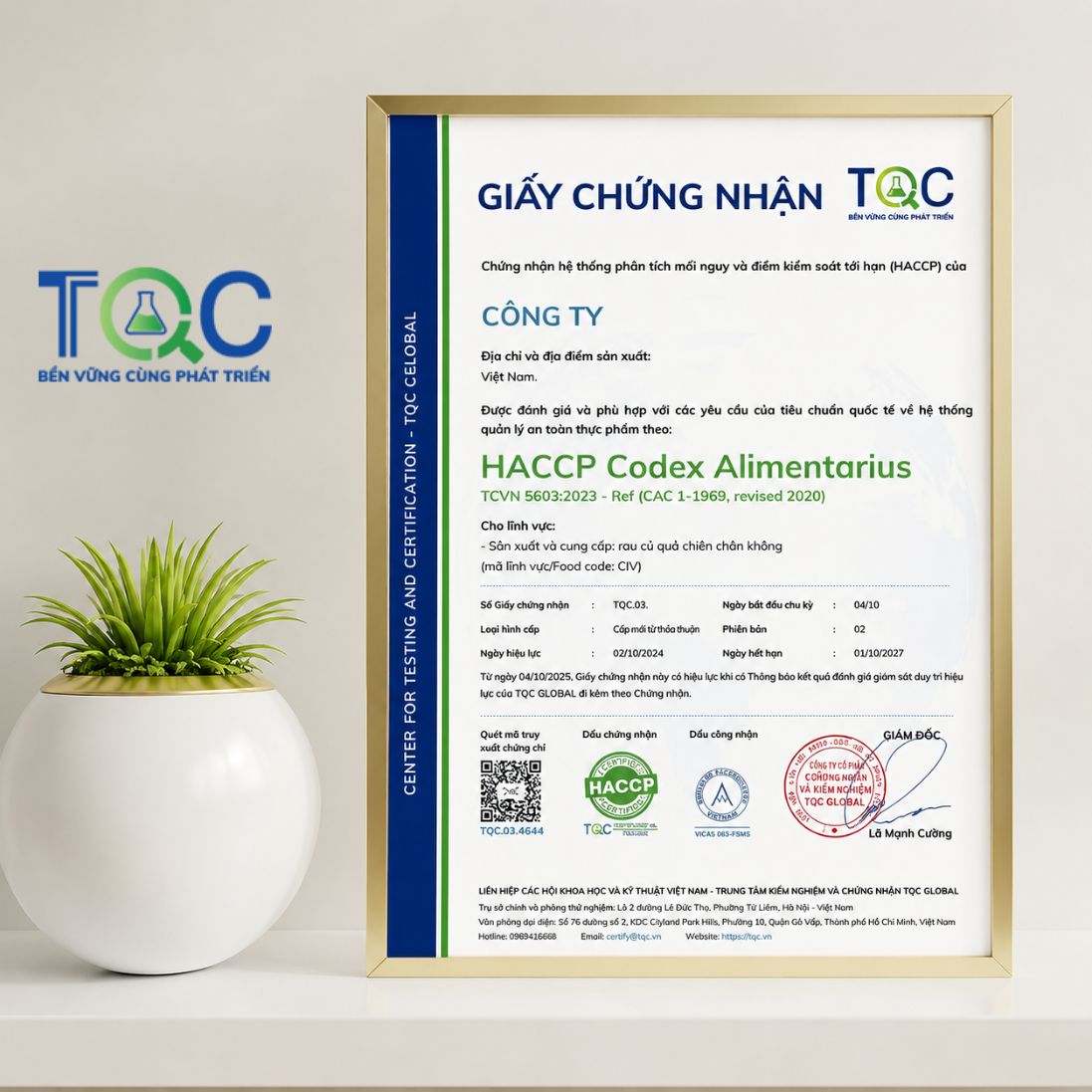 Mẫu chứng nhận Haccp của TQC CGLOBAL 