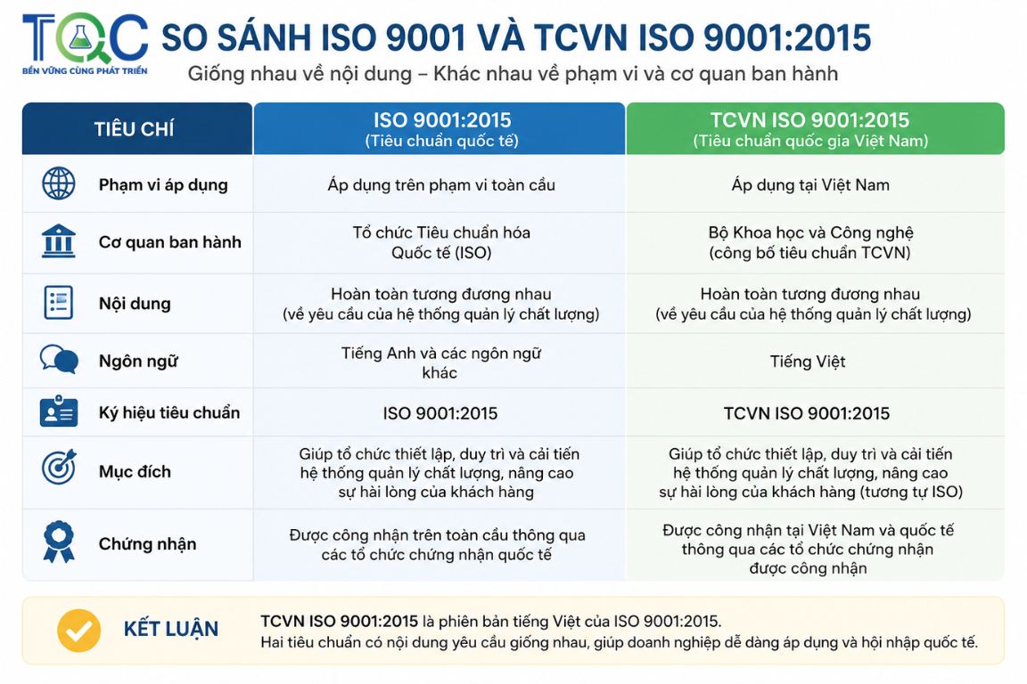 So sánh TCVN ISO 9001:2015 và ISO 9001:2015