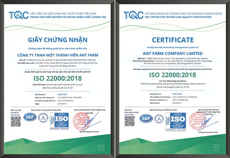 NT FARM đạt chứng chỉ ISO 22000:2018 do TQC đánh giá và chứng nhận