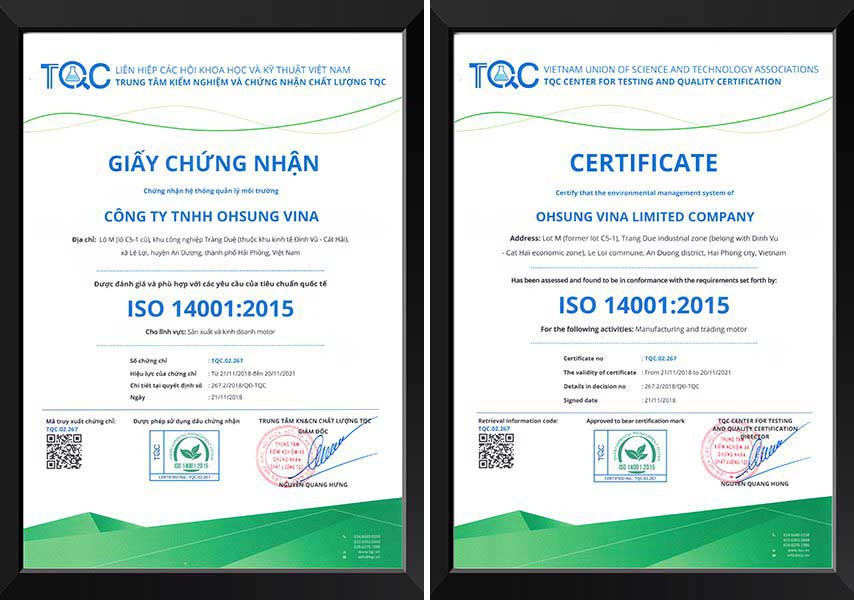 Trung tâm TQC cấp chứng nhận ISO 14001 cho OHSUNG VINA