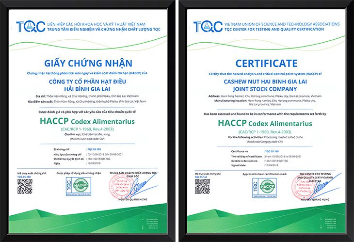 Trung tâm TQC chứng nhận HACCP cho Công ty CP Hạt điều Hải Bình Gia Lai