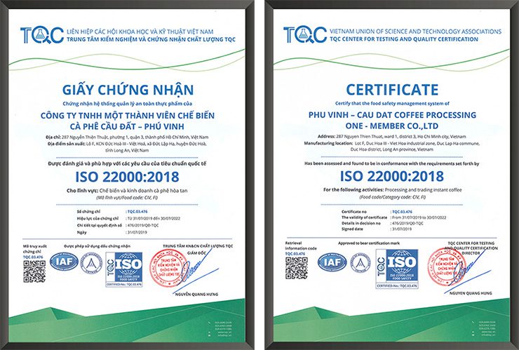 Giấy chứng nhận ISO 22000:2018 của Công ty TNHH MTV Chế Biến Cà phê Cầu Đất Phú Vinh do TQC đánh giá, cấp chứng nhận