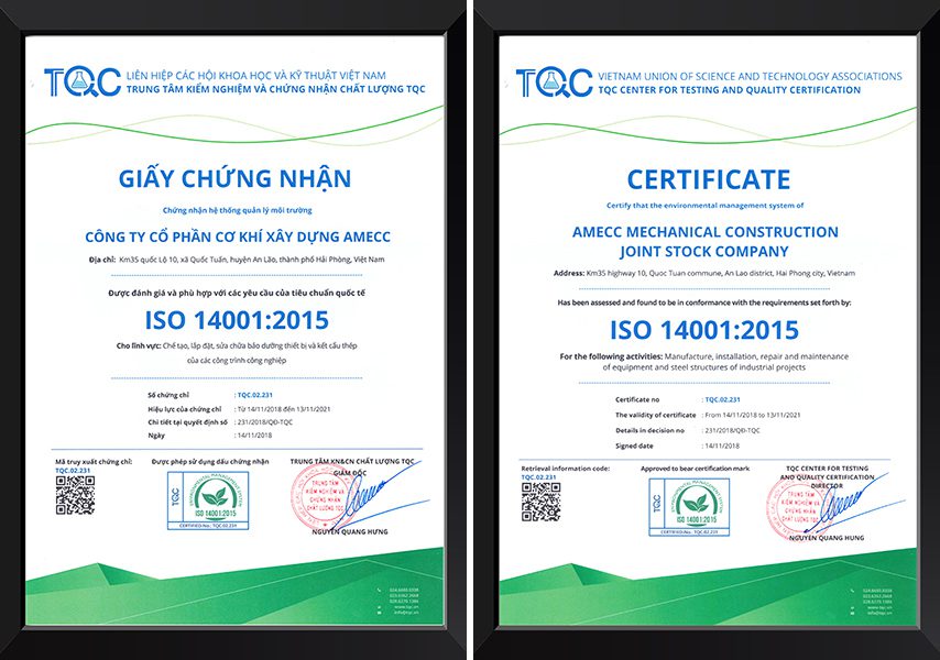 Giấy chứng nhận ISO 14001:2015 Trung tâm TQC cấp cho Amecc