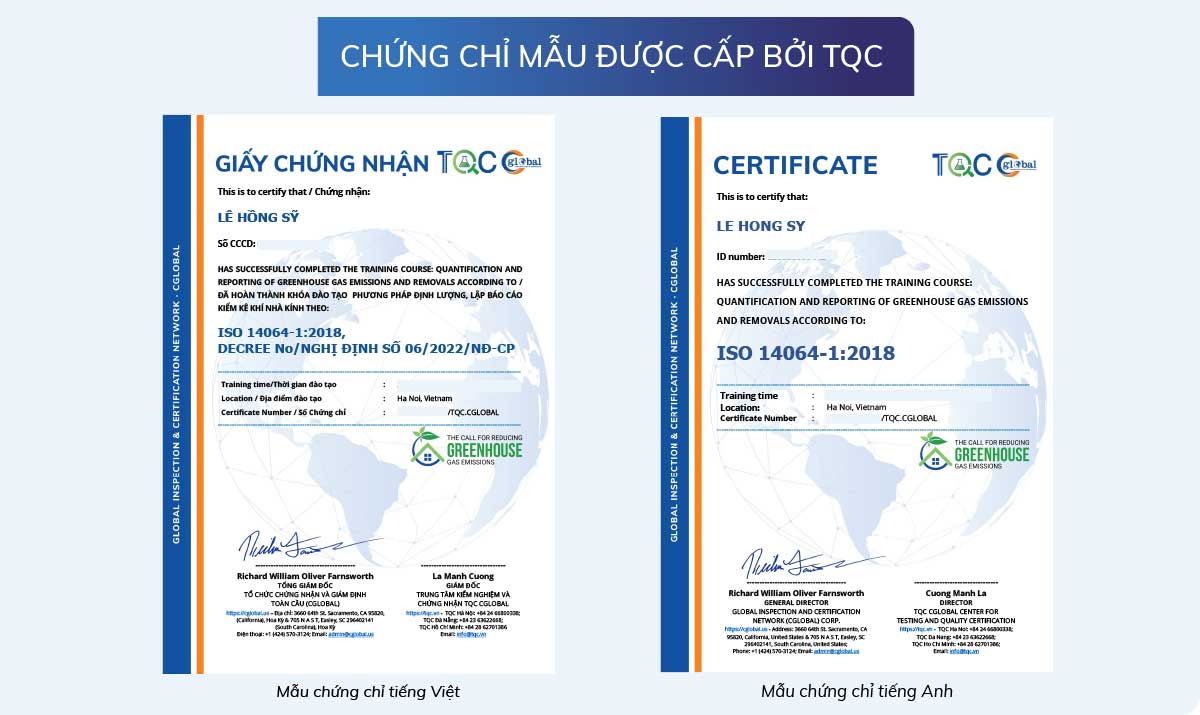 chứng chỉ mẫu của TQC cấp khóa đào tạo kiểm kê khí nhà kính