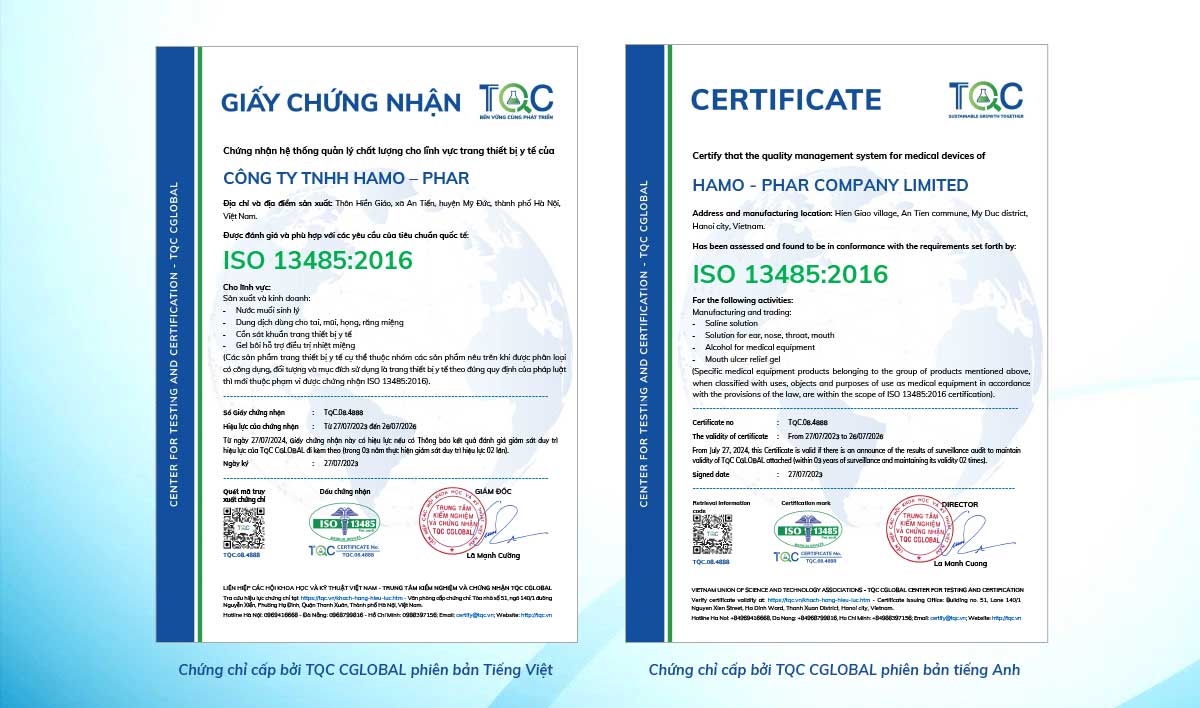 Mẫu chứng chỉ ISO 13485 được cấp bởi TQC CGLOBAL