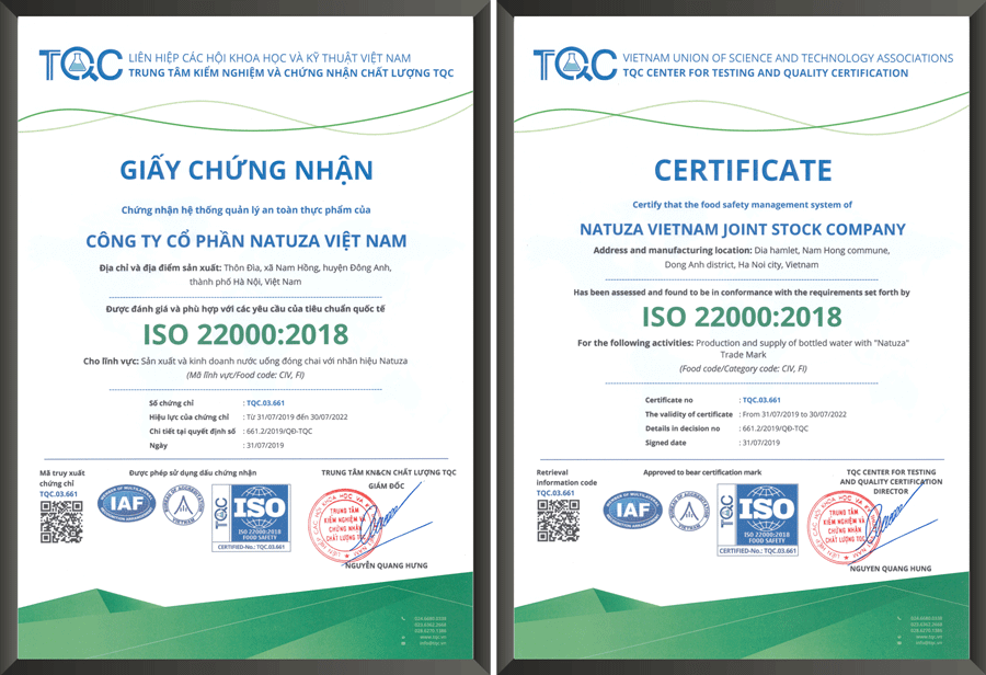 Chứng nhận ISO 22000:2018 của công ty cổ phần Natuza Việt Nam