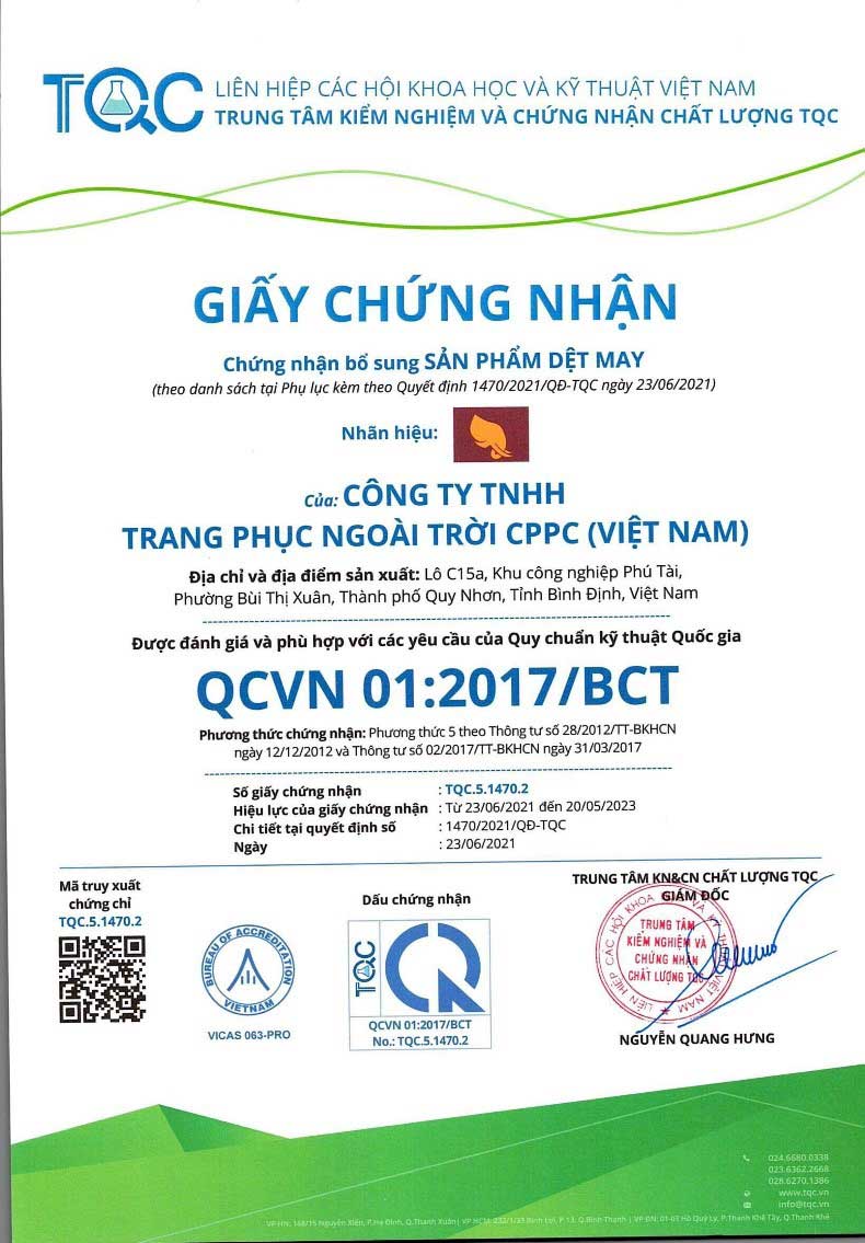 Chứng nhận hợp quy công Ty TNHH Trang Phục Ngoài Trời CPPC (Việt Nam)