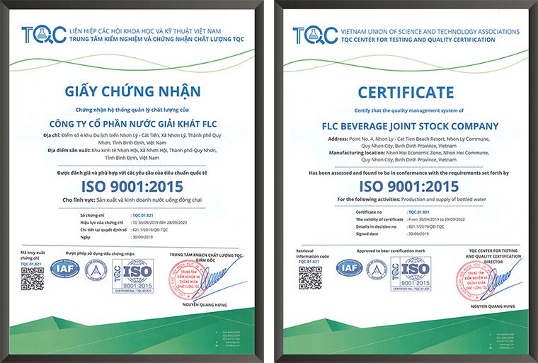 Chứng nhận ISO 9001 của công ty cổ phần nước giải khát FLC do TQC đánh giá, cấp chứng chỉ