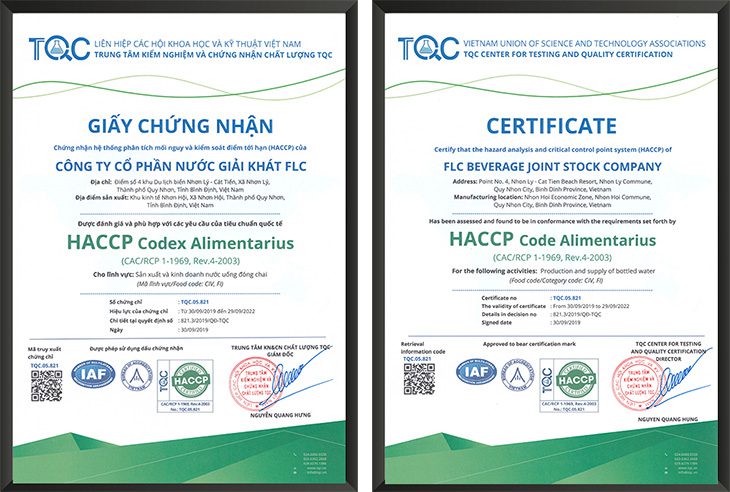 Trung tâm TQC chứng nhận HACCP cho Công ty cổ phần nước giải khát FLC thuộc Tập đoàn FLC