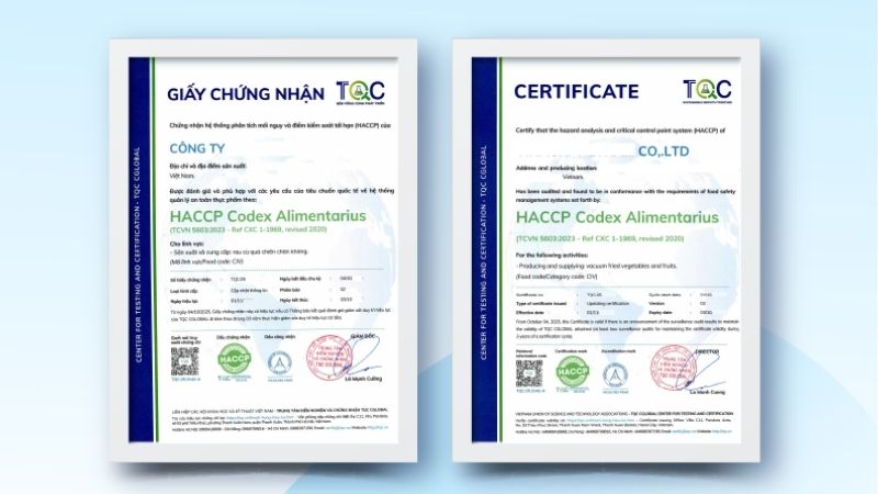 Mẫu chứng chỉ HACCP được cấp trực tiếp tại TQC