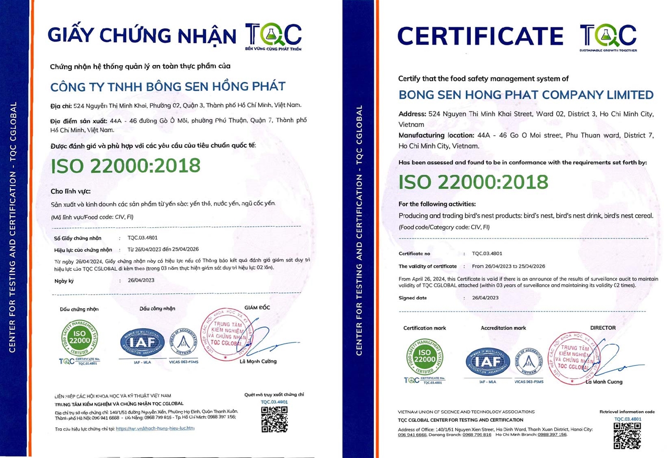 Mẫu chứng chỉ ISO 22000 tại TQC CGLOBAL