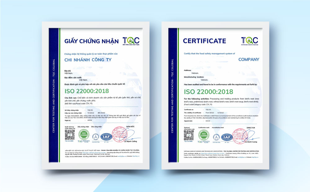 mẫu chứng chỉ iso 22000 của TQC cấp