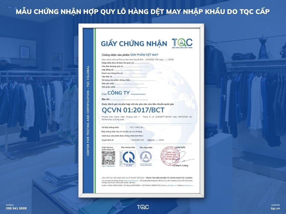 Mẫu chứng nhận hợp quy lô hàng dệt may nhập khẩu do TQC Cấp