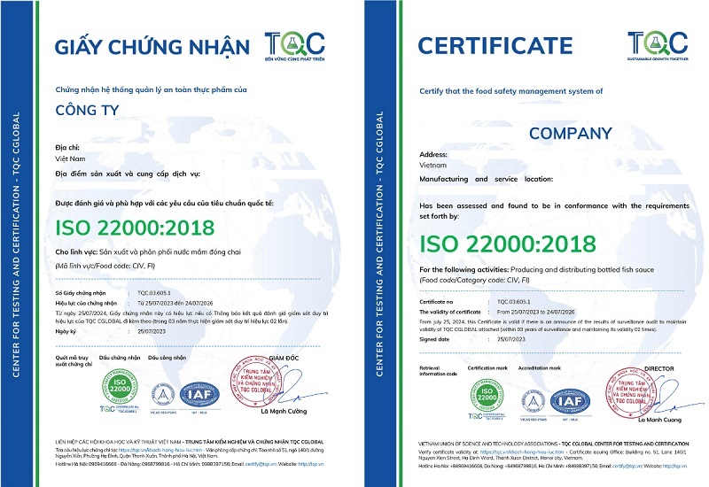 mẫu chứng chỉ iso 22000 của TQC cấp