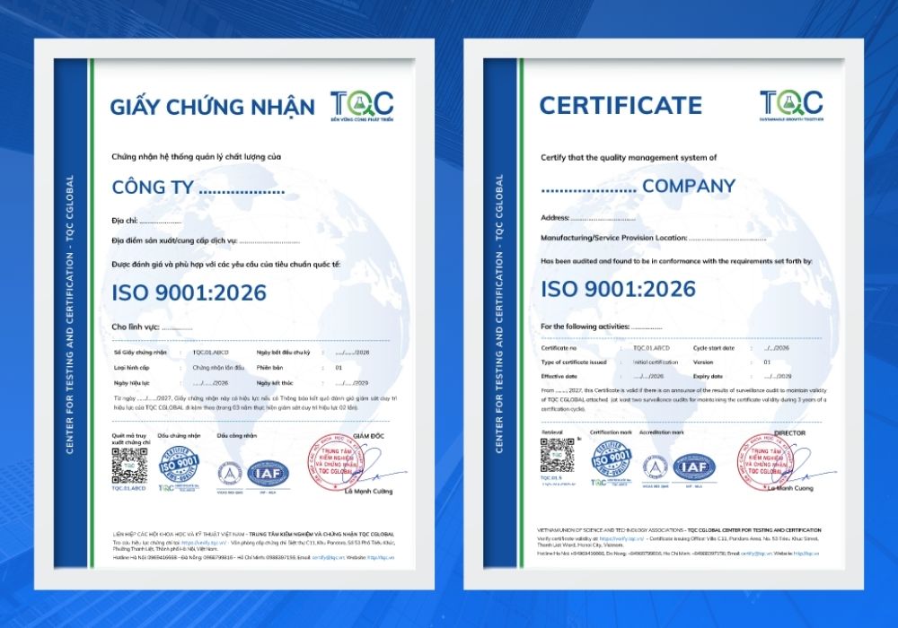Mẫu chứng nhận ISO 9001:2026 tại TQC