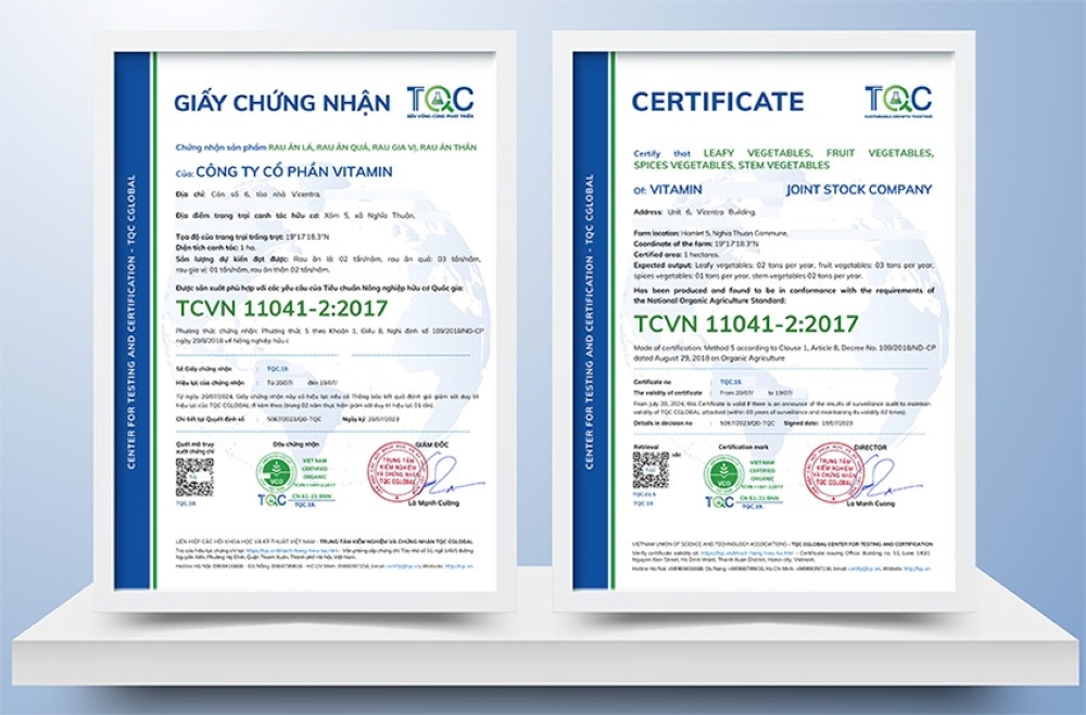 Mẫu giấy chứng nhận hữu cơ của TQC