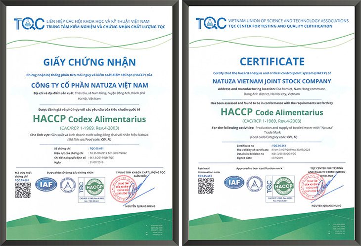 Chứng chỉ Chứng nhận HACCP (vietnam & english) của Công ty TNHH Natuza Việt Nam do TQC đánh giá và chứng nhận