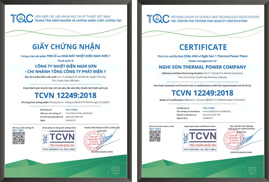 Trung tâm TQC chứng nhận tro xỉ theo TCVN 12249:2018 cho Nhà máy Nhiệt điện Nghi Sơn 1