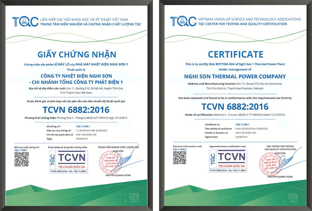 Trung tâm TQC chứng nhận xỉ đáy lò theo TCVN 6882:2016 cho Nhà máy Nhiệt điện Nghi Sơn 1