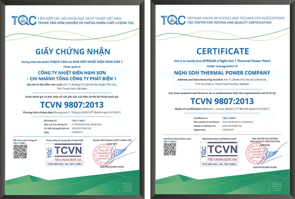 Trung tâm TQC chứng nhận thạch cao theo TCVN 9807:2013 cho Nhà máy Nhiệt điện Nghi Sơn 1