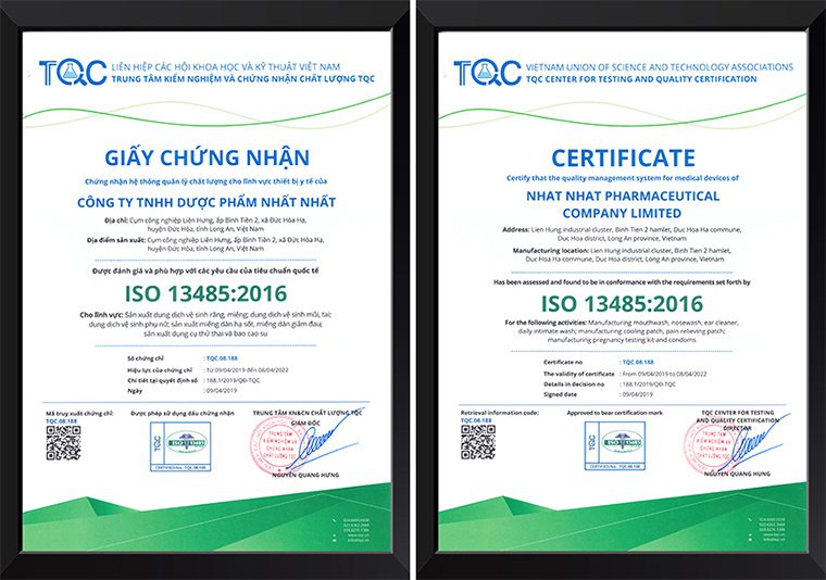 Giấy chứng nhận ISO 13485:2016 Trung tâm TQC cấp cho dược phẩm Nhất Nhất