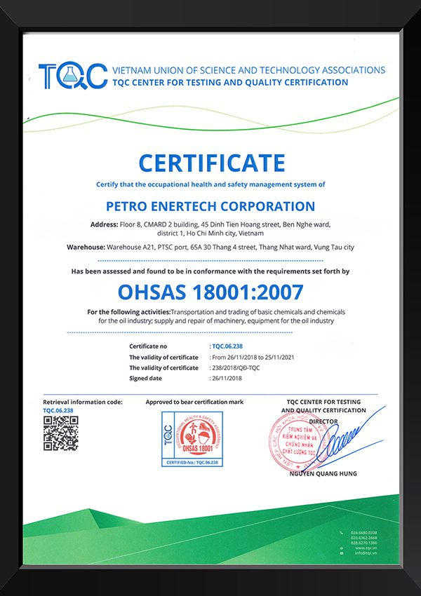 Giấy chứng nhận Trung tâm TQC Chứng nhận OHSAS 18001 cho Petro Enertech